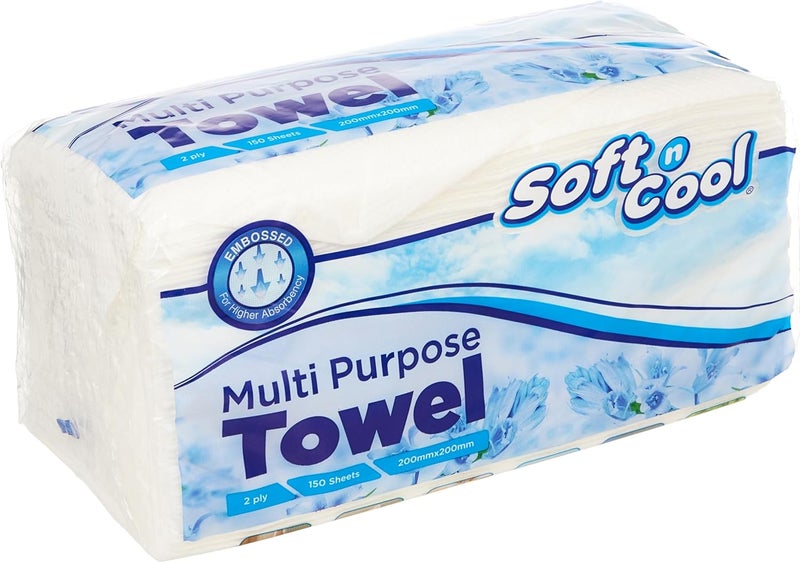 Soft N Cool Multi-Purpose Towels - 150 Sheets, 2-Ply Disposable Cleaning Wipes - Image 2